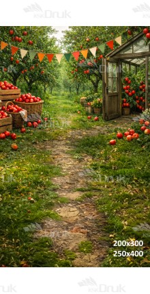 Tło fotograficzne „Sad jabłoni z rustykalną szklarnią” | 4018